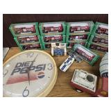 Lot - 13 Hess Miniature Firetrucks, Pepsi Clock