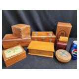 9 wood boxes: Jewelry boxes, cigar box, Souvenir