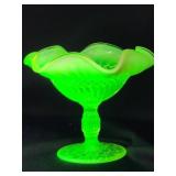 Vaseline Uranium glass compote 5.5" ruffled top.