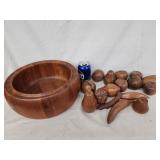 Vintage wood salad bowl and faux wood fruit and
