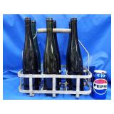 Vintage metal  bottles carrier with 6 empty green