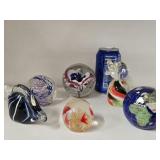 6  Glass Paperweights - fish, duck, a World globe