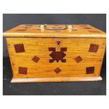 Folk Art style inlay wood box with lift lid. 9.5"