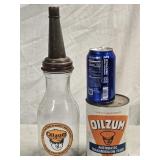 Oilzum Glass Oil Quart Jar and a Oilzum empty oil