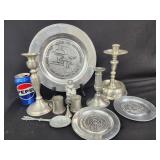 Pewter plate, saucers, 3  candlesticks,  2 small