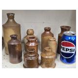 9 Stoneware ink bottles some with pour spouts,
