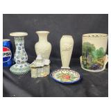 Polish Pottery candlestick and small saucer,