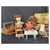 Country Decor lot.  Teddy bear. Toy chair. Wood