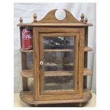 Oak hanging curio cabinet one glass panel door,