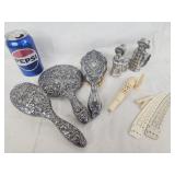 Silverplate brushes and mirror,  2 figural napkin