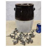 Stoneware Crock some chips, 30+ brass knobs