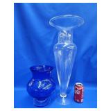 2 large vases.  Clear is 21.5"   Blue vase 9.5.