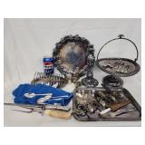 Silverplate footed tray, tray, souvenir spoons,