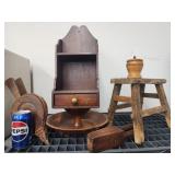 Hanging wood shelf, lemon squeezor,  2 piered nut