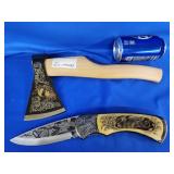 Decorative hatchet and oversized pocket knife.