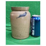 Blue decorated crock 7" H.  Old chip in rim.