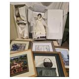 Lot - 2 Bisque D9lls and 5 framed prints look at