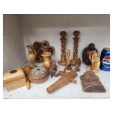 Olive wood candlesticks,  bell, vase and