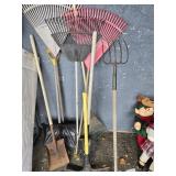 Lawn tools-  pitch Fork, 2 Shovels, 4 Rakes, snow