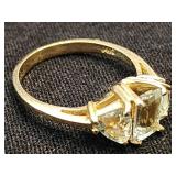 14 K gold ring with 3 quartz stones.  Estate
