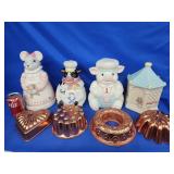4 ceramic cookie jars and 4 copper jello molds.