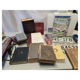 Lot -  12 books, 5 car tags,  Plastic Photos