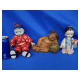 3 Asian figurines: 1 porcelain doll, wood