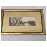 Original Watercolor Lake stream, Forest and Birds