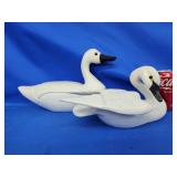 Wood wood decoy swans.  Preening swan signed N.