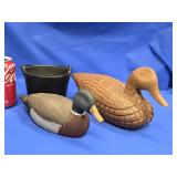 Lot- Cast Metal Mallard Duck, Wood carved Duck