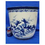 Large Blue ans White planter.  Asian motif. 14"