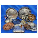Silverplate. Pewter, copper.  Trays, mugs,