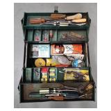 Tool box with contents.   Battery tester, Ounch.