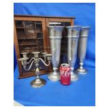 3 aluminum vase, 5 light candelabra and hanging 2