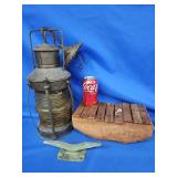 Bronze boat cleat, wood minnow trap and brass