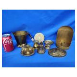 Brass lot: small bucket w/ handle, candlestick, 2