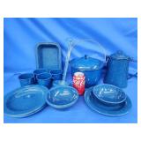 Enamelware: coffee pot, pot, pan, 4 coffee mugs,