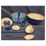 Antique Enamelware  - 2 pans, strainer, 2 Ladels,