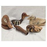Lot - Duck Call and 4 Novelty carved decoys /