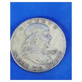 1957 Silver Franklin Half Dollar coin.   Look at