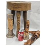 4 Wood Carved  Tree Spirits - 1 Three leg stool,