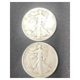2 Walking Liberty Silver Half dollar coins.  1944