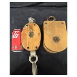 2 Antique Block Pulleys one metal wheel with