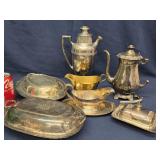6 Silver plate pieces 1 brass  gravy,  - 3