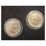 2 Benjamin Franklin silver half dollars.  1948