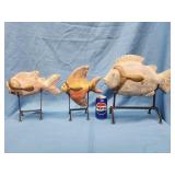 3 Folk art terracotta fish with brass accents on