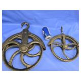 2 Antique Cast Iron Lift Pulleys #12 & #10 )