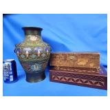 Champleve lamp base and 2 wood boxes.  Lamp base