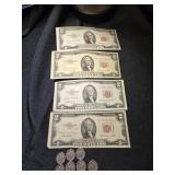 7 Mercury Silver Dimes and 4  Two Dollar Bill