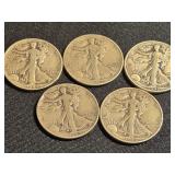 5 Walking Liberty Half Dollars 1941S, 42. 43, 44,